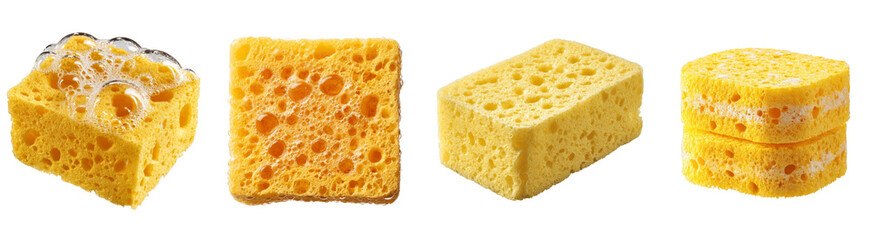 Set of Yellow Household Sponges with Soap Foam and Bubbles for Cleaning PNG, transparent background