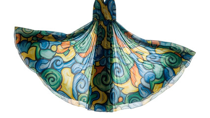 Vibrant hanging fabric with swirling patterns isolated on transparent background