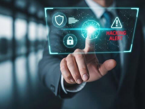 Closeup business professional hand touching virtual screen representing cybersecurity protection with data privacy and hacking alert prevention.jpeg - Powered by Adobe
