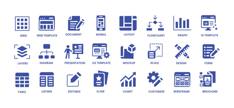 Template icon set. Layout, flowchart, diagram, form, wireframe, table, grid, editable, layers and more. Solid vector icons collection. 