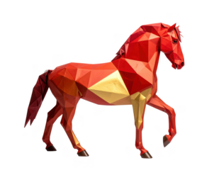 Low-poly geometric horse design in red and gold colors isolated