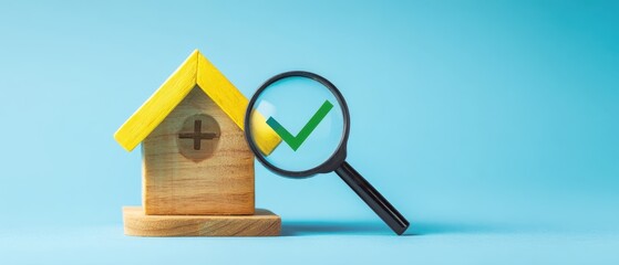 The Wooden Birdhouse Under Inspection with a Green Check Mark on Blue Background