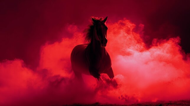 Dramatic silhouette of a horse running through vibrant red mist, capturing movement and intensity in a striking atmosphere.