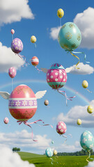 Naklejka premium Colorful Easter eggs floating in the sky with a rainbow over a green field on a sunny day
