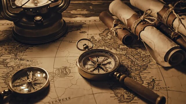 Vintage map and compass with lantern and rolled parchments on a rustic wooden table