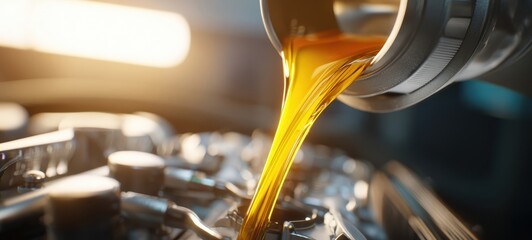 The Engine Oil Pouring into a Car Engine During Routine Maintenance with Warm Light