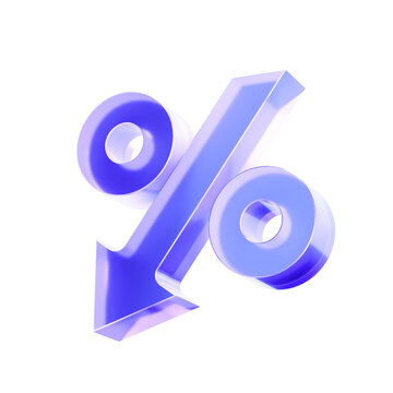 3D Glass percent down arrow icon, decrease rate discount loss and negative performance concept. Transparent liquid Glass icon, glassmorphism icon, crystal clear. 3d illustration.
