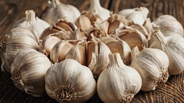 Abundant Fresh Garlic Bulbs Arranged in a Rustic Pattern on Wooden Surface