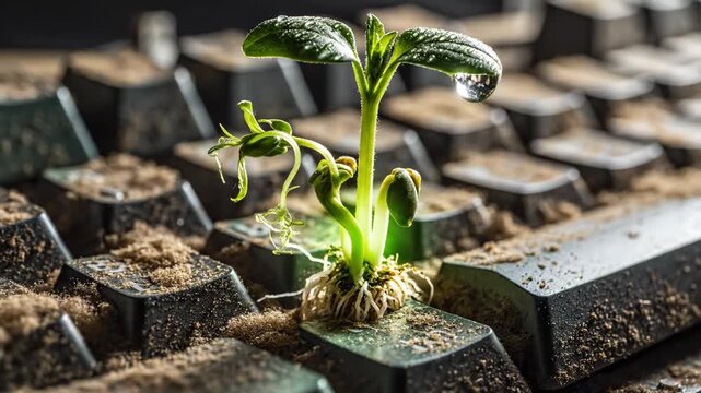 Fresh green plant sprout growing from dirty computer keyboard with soil and water drops. Concept of new beginnings and sustainability
