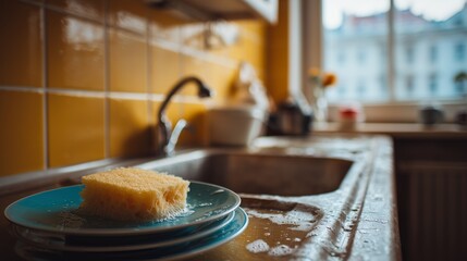 Glistening kitchen countertop with yellow tiles, featuring a sponge on stacked blue plates near the window-lit sink.