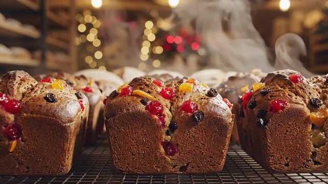 Warm, Spiced Fruit Loaves Studded with Jewels of Fruit Cooling on a Rack in a Festive Bakery