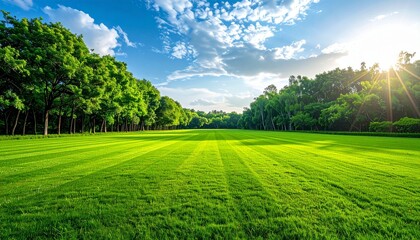Obraz premium Sunny green field with trees and blue sky.