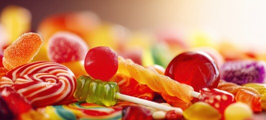 The candy assortment of colorful lollipops, gummies and jelly sweets in close-up