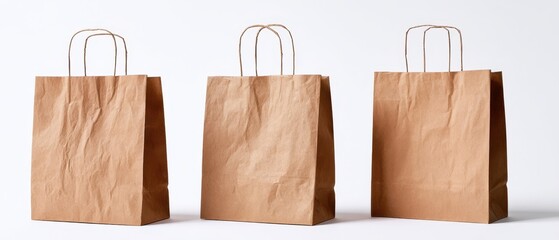The paper bags standing in a row on a clean white background