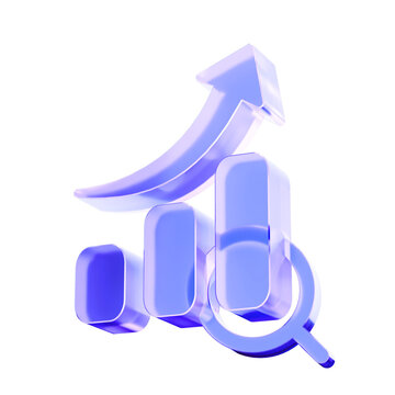 3D Glass growth chart icon, business analytics financial success and performance increase concept. Transparent liquid Glass icon, glassmorphism icon, crystal clear. 3d illustration.
