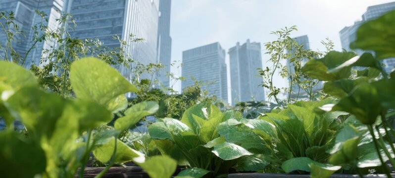 The plants thriving in a rooftop urban garden with skyscrapers in background - Powered by Adobe