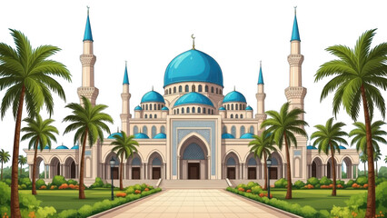 Fototapeta premium Illustrated mosque with palm trees isolated on transparent background