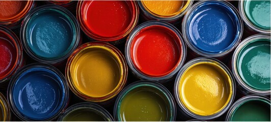 The paint cans arranged in colorful pattern for creative home renovation and design