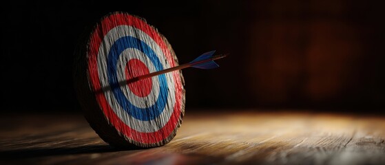 The target pierced by an arrow in a dramatic rustic spotlight on wood