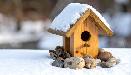 Wooden birdhouse covered in snow, resting on a snowy surface