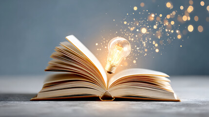 Open Book With a Light Bulb Floating Above It Surrounded by Sparkling Dust in a Simple Background