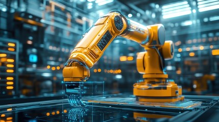 A close-up view of a bright yellow robotic arm in an industrial setting with machinery