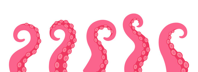 Obraz premium Squid tentacles collection. Curved octopus arms with suction cups for underwater fantasy, nautical monster and marine design themes