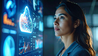 Futuristic Data Analyst: A determined analyst engrossed in her work, monitoring an expansive digital display filled with intricate data visualizations.