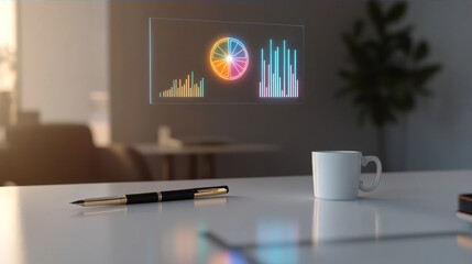 Futuristic workspace featuring a glowing holographic dashboard with data visualization, pie charts, and bar graphs over a clean white office desk for modern business analytics