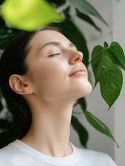 Fototapeta premium Serene woman breathes near green leaves, suggesting natural skincare wellness.​