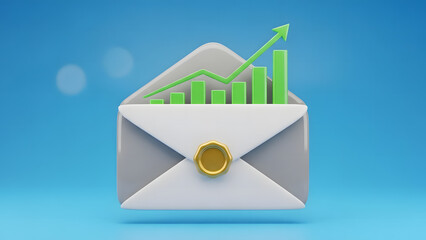3D illustration of an opened email envelope with a green rising bar chart and upward arrow, symbolizing successful digital marketing, communication growth, and business analytics