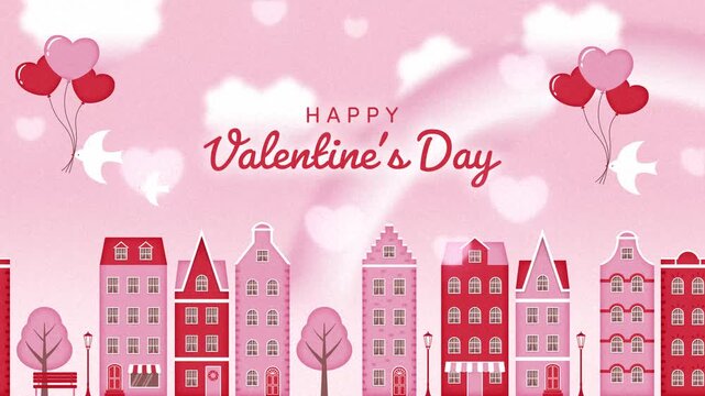 pink background with houses, heart balloons and birds flying in the sky animation for Valentine's Day, Wedding, etc.