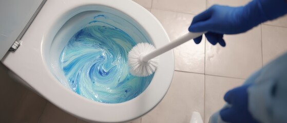 The toilet bowl being scrubbed by a gloved hand with swirling blue cleaner