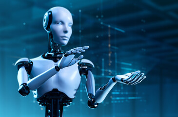 Obraz premium Humanoid Robot Showing Empty Space for Digital Innovation Presentation