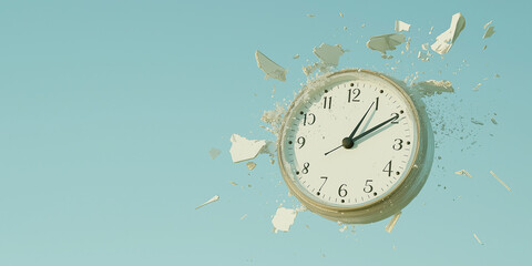 Clock bursts into fragments, symbolizing broken deadlines and time pressure