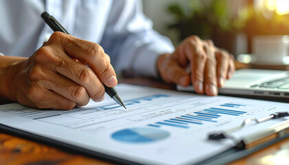 Financial Analysis and Strategy: A focused professional meticulously reviews financial reports, examining charts and graphs with a keen eye, the embodiment of business acumen and strategic planning.