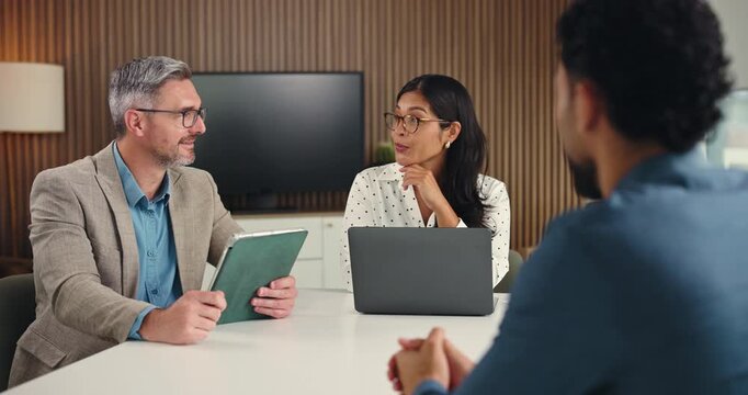 Meeting, discussion or business people with tech in office, investment project or listen to trading plan. Talking, laptop or employee with manager team for proposal pitch, explain benefits and tablet