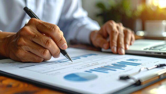 Financial Analysis and Strategy: A focused professional meticulously reviews financial reports, examining charts and graphs with a keen eye, the embodiment of business acumen and strategic planning. - Powered by Adobe