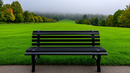 Fototapeta premium Lone Bench in Empty Park on Foggy Day, Muted Tones, Blurred Green Grass,