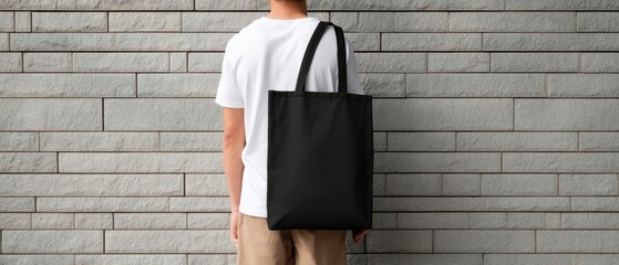 The Black Tote Bag Hanging Over a Casual Model Against a Brick Wall