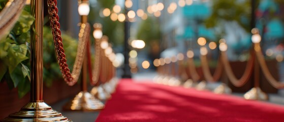 The Red Carpet Leading to an Elegant Evening Event Entrance with Golden Stanchions