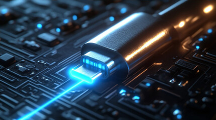 Futuristic high speed data transfer concept featuring a glowing metallic connector with blue laser light beam on a dark electronic circuit board background for technology