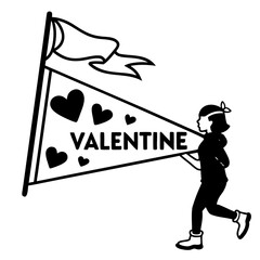 Energetic young girl silhouette running while proudly carrying a festive pennant banner proclaiming the beloved word valentine surrounded by hearts