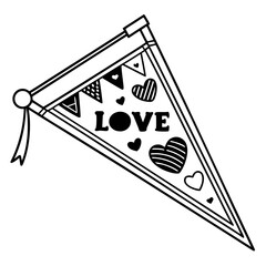 Black and white outline graphic illustration of a single triangular pennant banner featuring the word love and various heart shapes perfect for holiday decor.