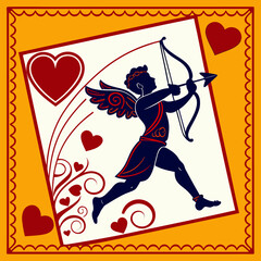 Stylized silhouette of the Roman god Cupid poised with his bow and arrow ready to strike hearts in a vibrant and ornate vintage graphic illustration design