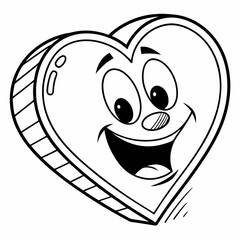 Black and white coloring page illustration of a cheerful heart shaped candy with a wide happy smile suitable for valentines day activities.
