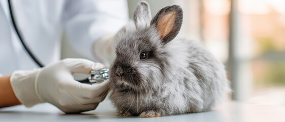 The Rabbit Receiving a Gentle Veterinary Checkup With a Stethoscope on a Table