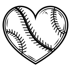 Black and white graphic design featuring a stylized baseball integrated perfectly into the distinct shape of a classic heart symbolizing deep love for the sport