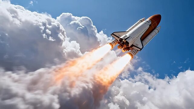Space shuttle launch with white body and fire smoke in blue sky