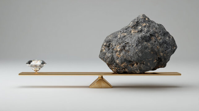 Conceptual image of a small brilliant diamond and a large rough coal rock balancing on a golden seesaw against a neutral background, illustrating quality versus quantity.